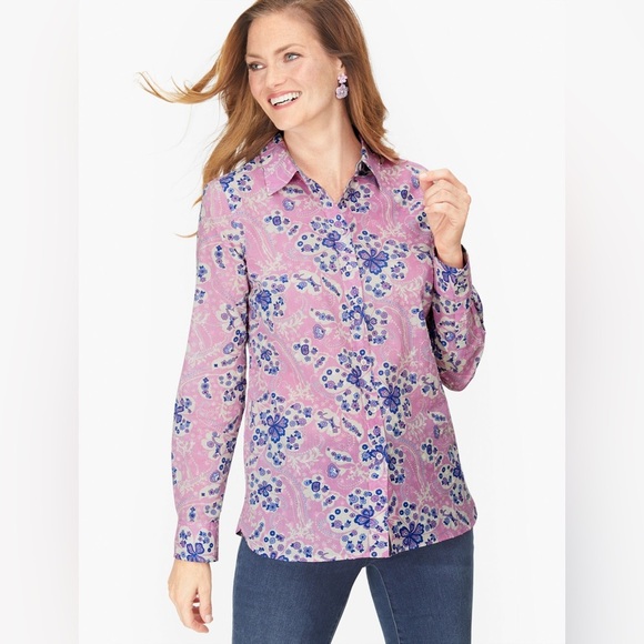 Talbots Women's Plus 2X Floral Cotton Blouse Long Sleeve Collared Button Down - Picture 2 of 13
